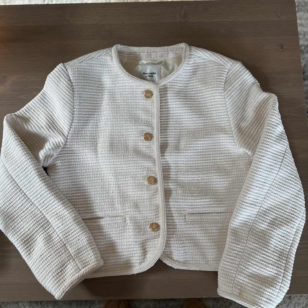 Abercrombie & Fitch Cream Knit Button-Front Blazer with Gold Buttons